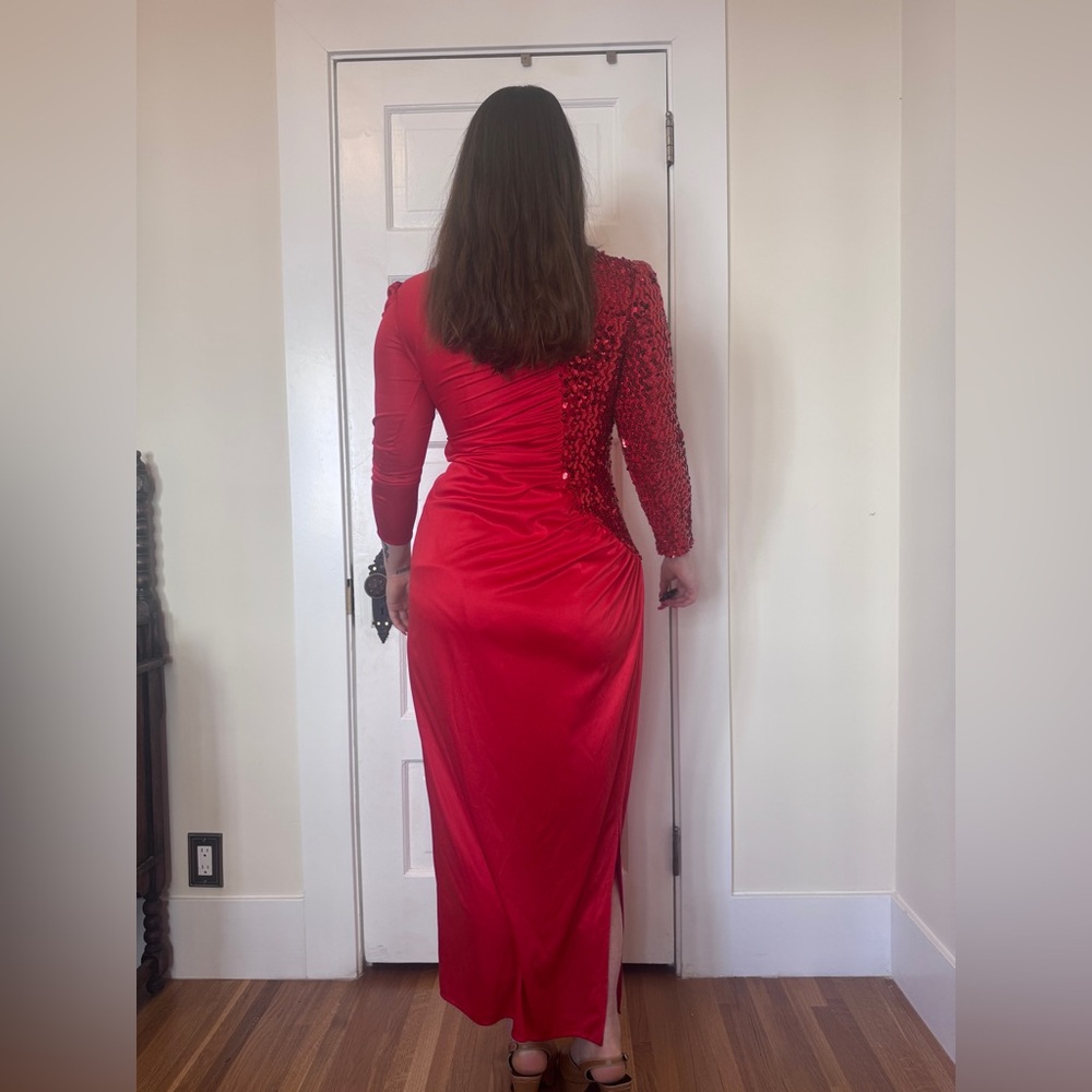 80s Vintage Dynasty Style Red Sequin Wiggle Dress Sz M - Picture 3 of 9